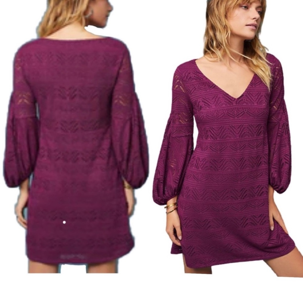 Maeve By Anthropologie Lace A-Line Knit Bishop Sleeve V-Neck Dress Size XS